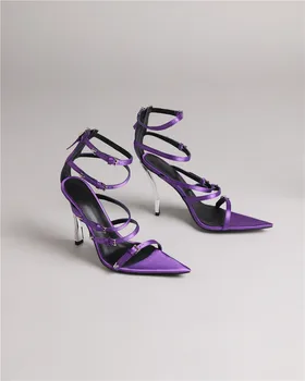 Дамски Сандали с остри пръсти и каишка с катарама; Лятна Нова Мода обувки; обувки-гладиатори на високи токчета; Zapatos Mujer; Елегантни Sapato Feminino