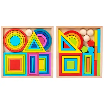 Чейнджър строителни блокове Rainbow Nesting, цветни геометрични дървени блокове за момчета и момичета в предучилищна възраст
