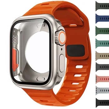Пълен Калъф + каишка За Apple Watch Band 45 мм 44 мм 40 мм 41 мм Умен Силиконов спортен Гривна за Iwatch Series 3 4 5 6 Se 7 8 Калъф