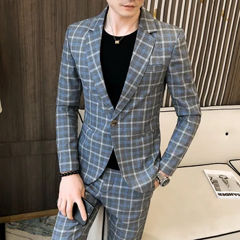 2023 Мъжка мода (костюм + панталони) Бизнес Красив Случайни Банкетна Сватбен Корейски вариант на Малко костюм Кариран костюм Комплект от две части