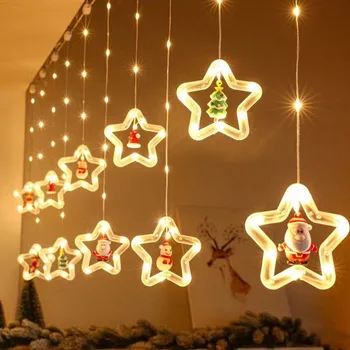 Led Коледни светлини, Гирлянда, с участието на Дядо Коледа, душ Завеса в карикатура стил, Нова година коледна украса за дома на стая