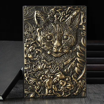 Тетрадка с твърди корици от изкуствена кожа формат А5 в ретро стил с шарени котки и лице на корицата, подарък книга