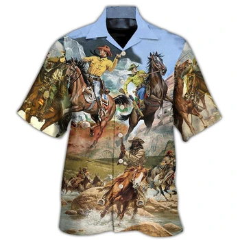 Мъжка риза с ковбойским принтом в стил Уестърн, блузи с къс ръкав под формата на 3D Кон, Реколта Мъжки дрехи Оверсайз, яка, Ежедневни Удобна Блуза