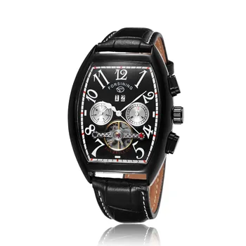Forsining Луксозни мъжки механични часовници Tonneau от водеща марка с механична виртуален скелет, Дизайн с автоматично циферблат дата, Хронограф, кожени бизнес ръчен часовник