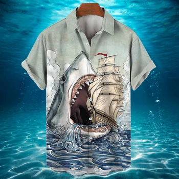 Летни Мъжки ризи с участието на Акули 2023, Мъжка риза с 3D принтом животни, Модерно Хавайска риза, Мъжки Ежедневни Градинска риза с къс ръкав и Копчета