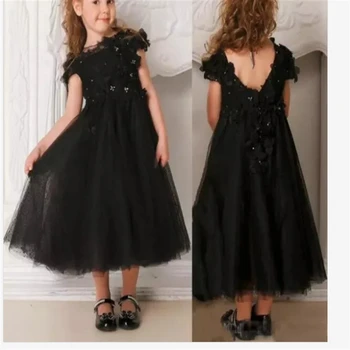Прекрасно черно Сватбена рокля с цветя модел за момичета, расшитое мъниста, 3D флорални апликации на цветя, тюл, Чаена дължина За Първо Причастие, Рожден Ден