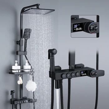 Месинг Черно Термостатичен смесител за душ с цифров дисплей Стенни душ система Тропически душ Модерни душ кабини за баня