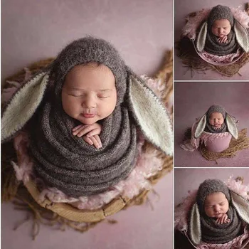 Реквизит за снимки във формата на шапки за бебета, анголска мохеровая ръчно плетени шапка с големи уши-заек за фотография