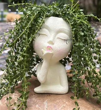 Градинарство творчески куклен украшение от смола, сочен саксия, скандинавски старо ворсистое зелено растение, високо дълбок съд с цветна вложка под формата на човешка глава