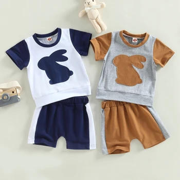 Летни дрехи за малки момчета, тениска с къси ръкави модел на заек и ежедневни ластични панталони, комплект