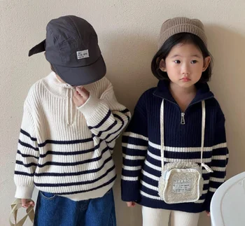 2023 Корейски вязаный пуловер райе за момичета и момчета, Есен модерен детски пуловер, Пуловери, Дрехи за момичета, Детски облекла от 1 до 8 години