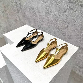 Дамски Кожени обувки на плоска подметка с остри пръсти 2023, Ежедневни тънки обувки черен и златист цвят, Женски балет апартаменти, Сандали