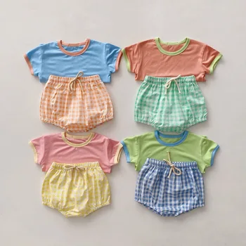Комплект летни дрехи от 2 теми за малките момичета, однотонная памучен тениска с къс ръкав, Потници, Шорти в клетката, удобно облекло