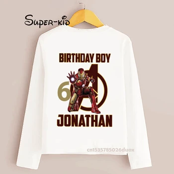 Детска есен Нова Тениска с персонализирани името на MARVEL на Ден на Раждане 2 3 4 5 6 7 8 Години, Тениска с дълъг ръкав Marvel Iron Man за момичета и Момчета за рожден Ден
