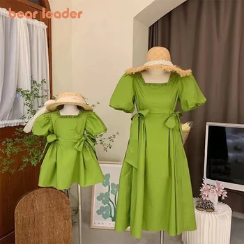 Bear Leader / Лятна рокля за родители и деца, 2023, Ежедневното Зелена рокля за момичета, Облечи Принцеса с Везикулозната ръкави и завязками за майки и Дъщери