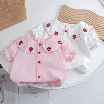 Блуза за момиченца, Детска тениска с къс ръкав и принтом ягоди, Лято 2023, Детски памучни дрехи в корейски стил от 1 до 6 години