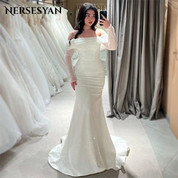 Сватбени рокли Нерсесян Русалка с открити рамене, Лъскави Сватбени рокли с Дълги ръкави, Плисе Сватбени рокли с Дължина до пода, Vestidos De Новия 2023
