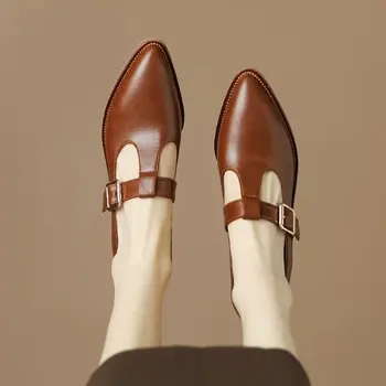 Пролетни дамски обувки с Т-образно каишка, обувки на плоска подметка с квадратни пръсти, кожени обувки с червено сърце, обувки Мери Джейн в стил мозайка