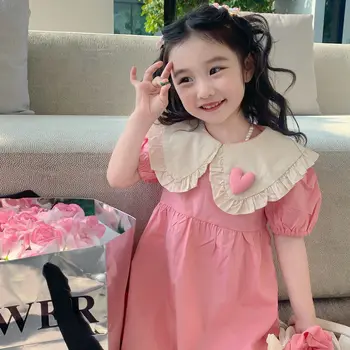 2023 Лятото Сладка бебешка рокля в Корейски стил, однотонное памучно розова рокля с волани по края и с къс ръкав за момичета