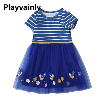Ново Лятно Хубава рокля за малки момичета в ивица с кръгла яка и къси ръкави, Сетчатое Принцеса рокля в стил мозайка, Детски дрехи E1393