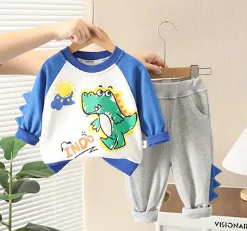 Есенен комплект дрехи за момчета, детски дрехи с динозавром от 1 до 2 години, блузи и панталони с кръгло деколте в стил мозайка с анимационни принтом, детска, училищна облекло