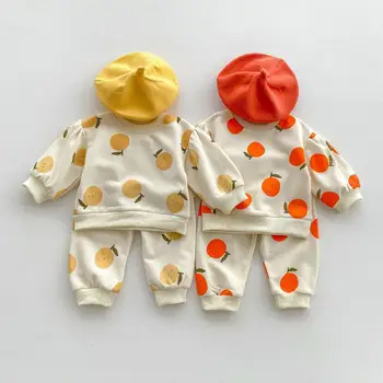 Есенен детски комплект тениски с плодов принтом с дълъг ръкав за момчета и момичета, Оранжевата Свободна hoody + спортни панталони, 2 бр., детски памучни ризи, костюми