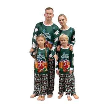 Коледа спално бельо за родители и деца, блузи с дълъг ръкав и кръгло деколте и принтом Дядо Коледа под формата на снежинки, Брючный костюм