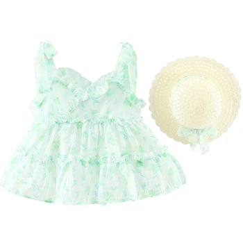 Комплект от 2 теми, Летни дрехи за новородени момичета, на Корейското модно шифоновое плажна принцеса рокля с V-образно деколте + солнцезащитная шапка, рокли за деца BC240