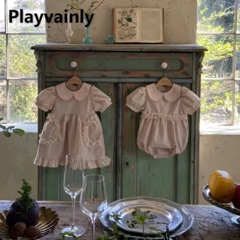Нови летни еднакви комплекти за семейството, боди с пищна яка и къс ръкав в стил Питър Пэна, Дантелено рокля за сестри-близнаци, Дрехи принцеса E34151