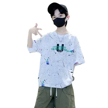Тениска с къси ръкави и принтом за по-големите момчета Детски дрехи, дрехи Летни детски новите модни потници, тениски, корейски костюми за тийнейджъри