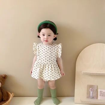 Сладък Гащеризон с цветен Модел за новородени момичета 0-24 месеца, Памучно Боди с къдри по ръкавите Принцеса, Цели летни дрехи