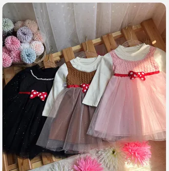 Бебешка рокля от 0 до 3 години, дрехи за малките момичета, празнични рокли за новородени, скъпа мрежа с дълъг ръкав и лък за новородено, рокли за рожден Ден