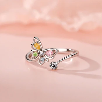 Корейската мода, цветни пръстени с кристали и пеперуда от Цирконий, Отворени Регулируеми Пръстени за жени, Индивидуално пръстен с пеперуда, Подарък Anillo Mujer