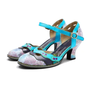 YourSeason 2023 Летни дамски сандали на среден ток От естествена кожа, дамски ръчно рисувани, реколта контрастная удобни обувки с кръгло бомбе
