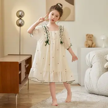 Детски дрехи Лятна нощница за малки момичета от чист памук, Новост 2023 година, Есента Корейската скъпа Домашна универсална мода