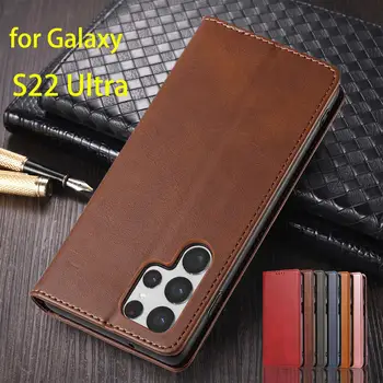 Калъф с магнитно притегателен, кожен калъф за Samsung Galaxy S22 Ultra 5G, флип калъф, държач за карти, една чанта-портфейл, чанта за носене Fundas на Корпуса