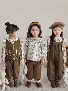 Реколта ризи с флорални принтом за момичета, комплект панталон 2023, Нова детска жилетка-елек за есента