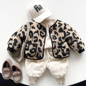 Есенно-зимни корея, топло яке за деца от 6 m до 6 години, Леопардовая плюшен яке, Детски руното дебели връхни дрехи за момиченца с дълъг ръкав