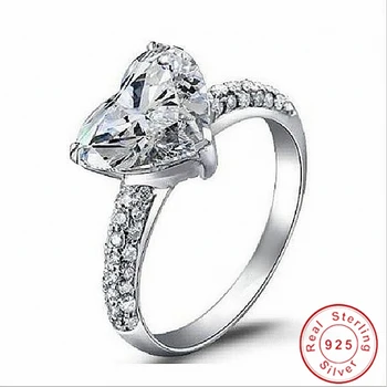 Луксозни пръстени от 100% на този 925 сребро за жени Романтично сърце, имитация на диамант 2 карата, Годежен пръстен, бижута