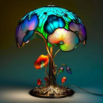 Стъклена витражная настолна лампа от серията Plant, красив гъби изцеление за Домашно украшение, прикроватное украса