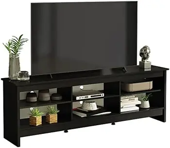 Шкаф с 6 рафтове и кабелна горивото, за телевизори до 75 см, дървена поставка за телевизор, 23 