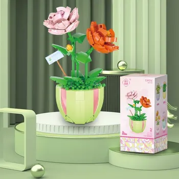 Цветен блок, Букет, модел в саксия, Тухлена монтаж, Пластмасова украса за растенията, която разработва играчка за деца, Креативен подарък-пъзел