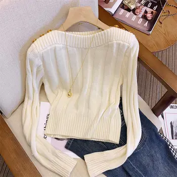 Дамски дрехи 2023, Нова мода дърворезба, Свободни Ежедневието на обикновен пуловер с кръгло деколте и дълъг ръкав, Темпераментни пуловери