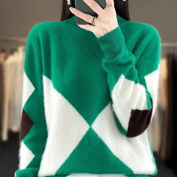 Есенно-зимния женски Нов контрастен пуловер с полувысоким яка, вязаный топ от 100% чиста вълна, нежна и модерен пуловер