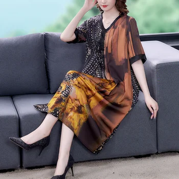 Женствена Рокля Миди с къс ръкав от коприна Тутового оцветяване с цветен модел, Лятно Ново Елегантно Свободно ежедневното рокля Wasit, Корейското винтажное нощно рокля