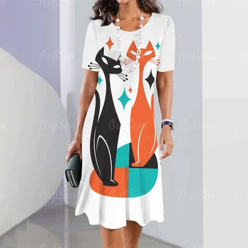 дамски рокли са с 3D изображение, котки, ежедневни модни дамски дрехи, Елегантна пола Трапецовидна форма, Летни дамски рокли Оверсайз 2023 г.