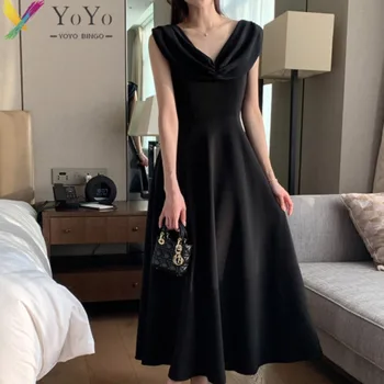 Корейската версия INS, Лятно Елегантна черна рокля с V-образно деколте, Тънка Дълга рокля без ръкави, официалната парти