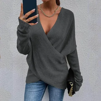 Обикновен вязаный пуловер Пуловер с дълбоко V-образно деколте, Секси пуловери с препратка модели, Свободни дамски Пуловери, Вязаный Жилетка Pull Femme 2023