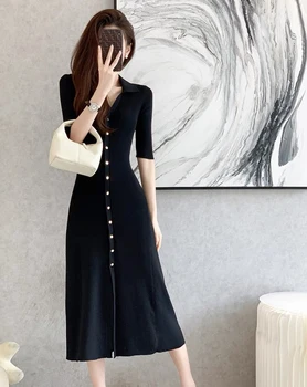 Висококачествено Есен Дълго черно трикотажное рокля, Секси Елегантна рокля с френско ревера, Однобортное рокля с ръкав midi, Цельнокроеное корейска рокля