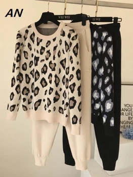 Комплекти за жени, 2 броя, Нов модерен Есенно-зимния вязаный пуловер с леопардовым модел, Ежедневни панталони, Комплект дамски зимни дрехи